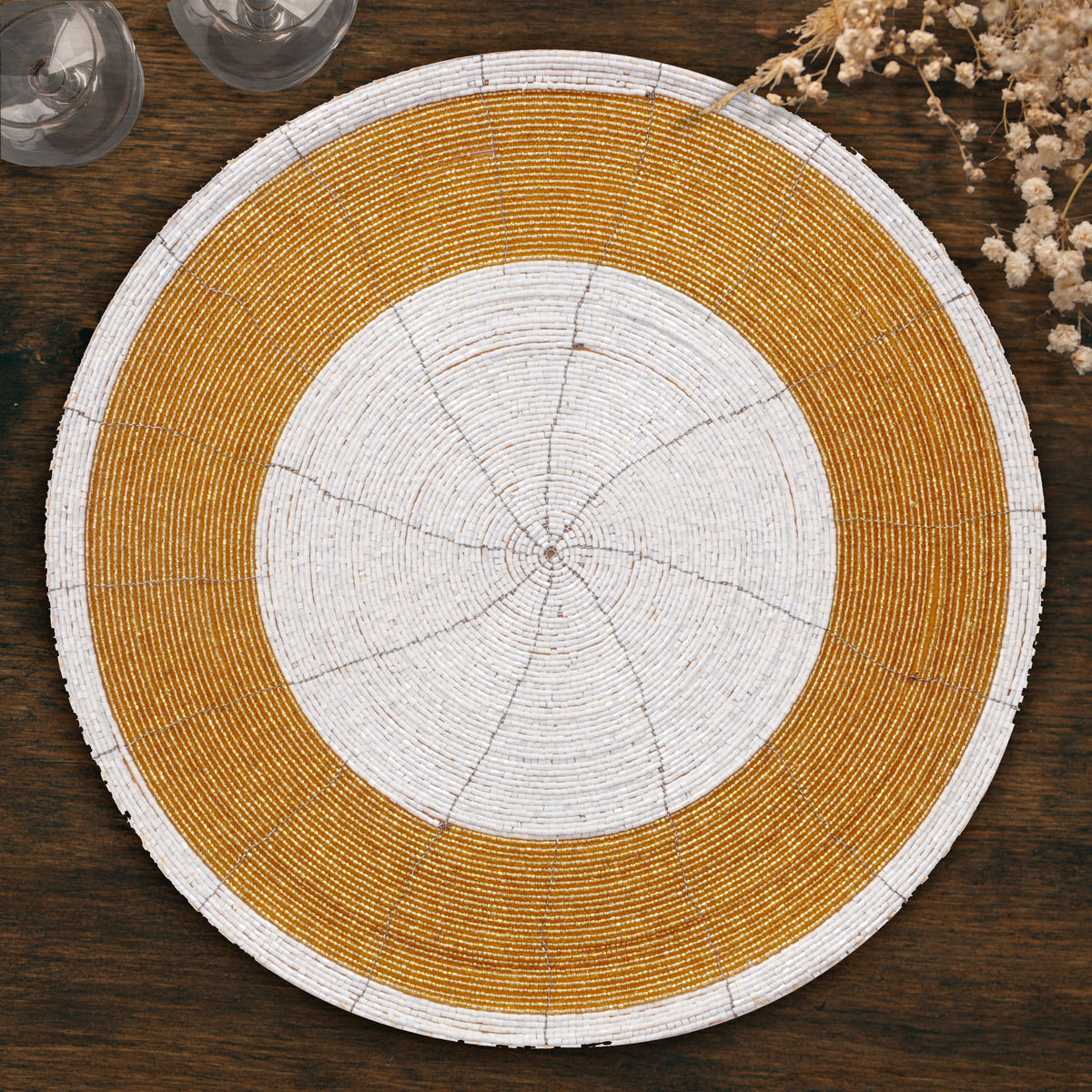 Set of four Amberly Grace beaded placemats from The Amberly Collection, 14-inch elegant decorative dining table décor.