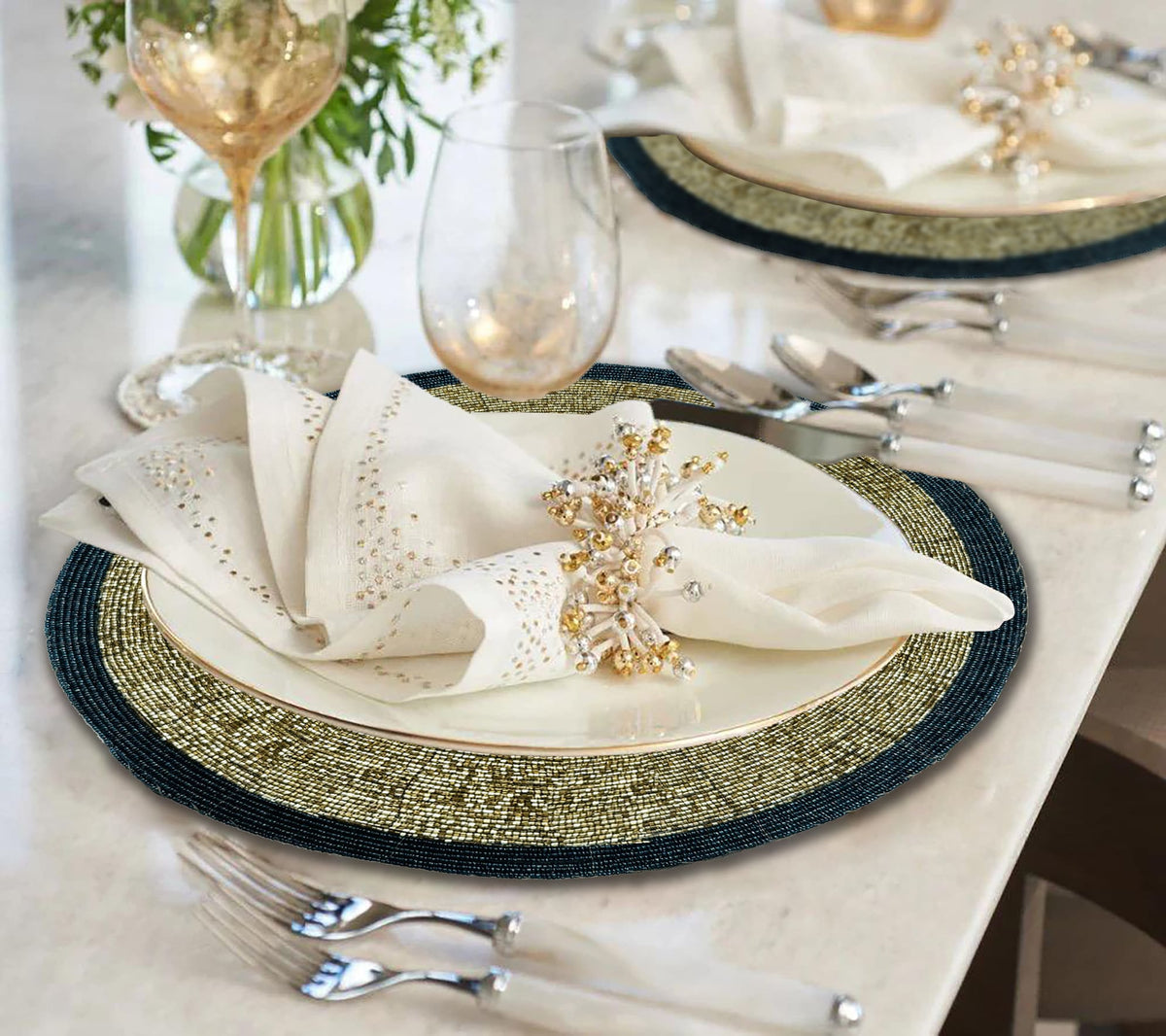 Set of four BD 036 043 Midnight Dusk round beaded placemats in dark blue and gold, heat-resistant 14-inch table mats.