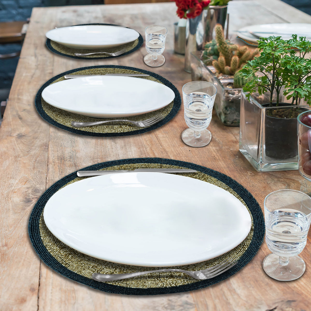Set of four BD 036 043 beaded placemats in dark blue and gold, 14-inch round, elegant heat-resistant table mats.