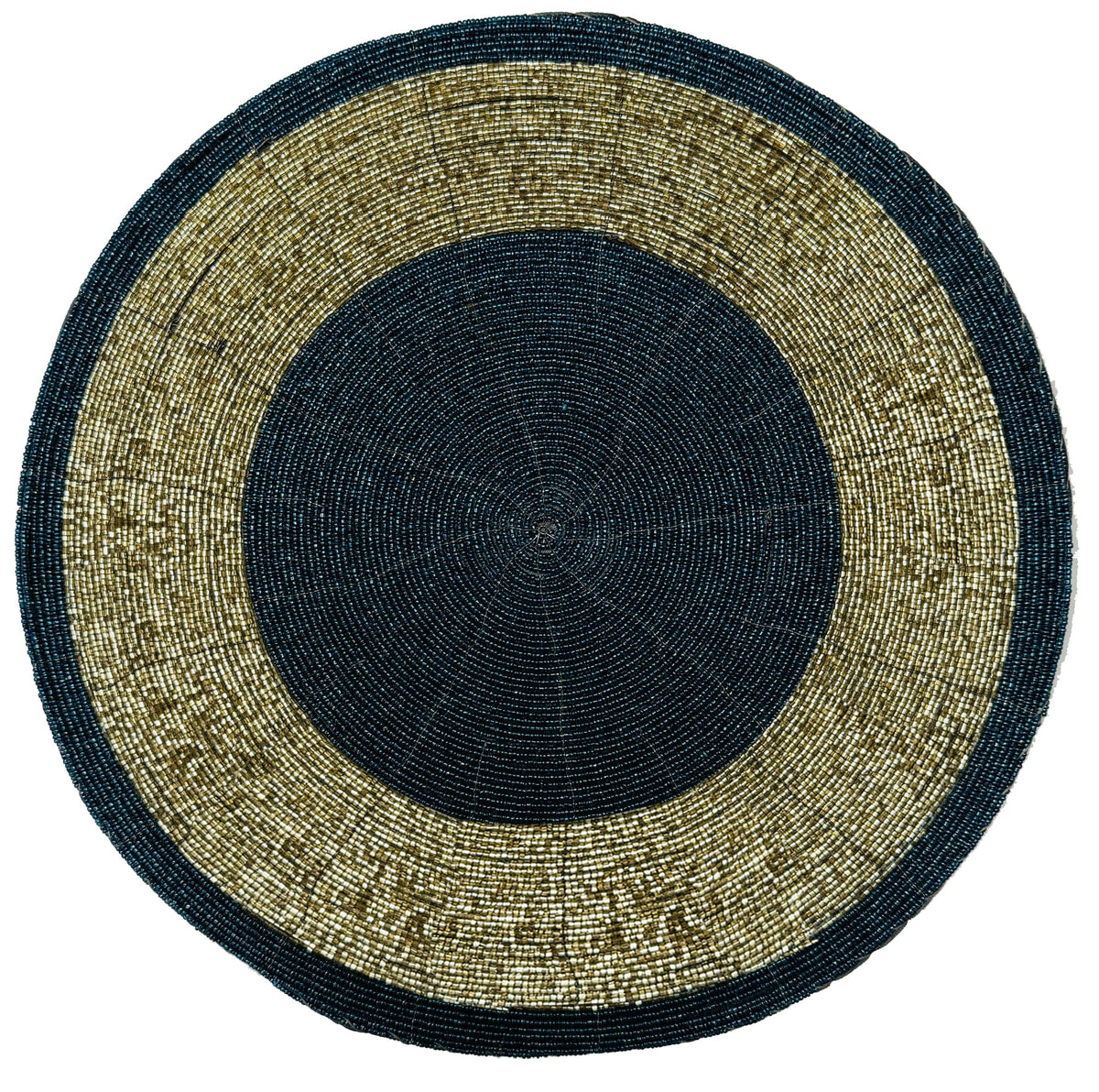 Set of four Midnight Dusk beaded placemats by BD 036 043, round dark blue and gold heat-resistant 14-inch table mats.