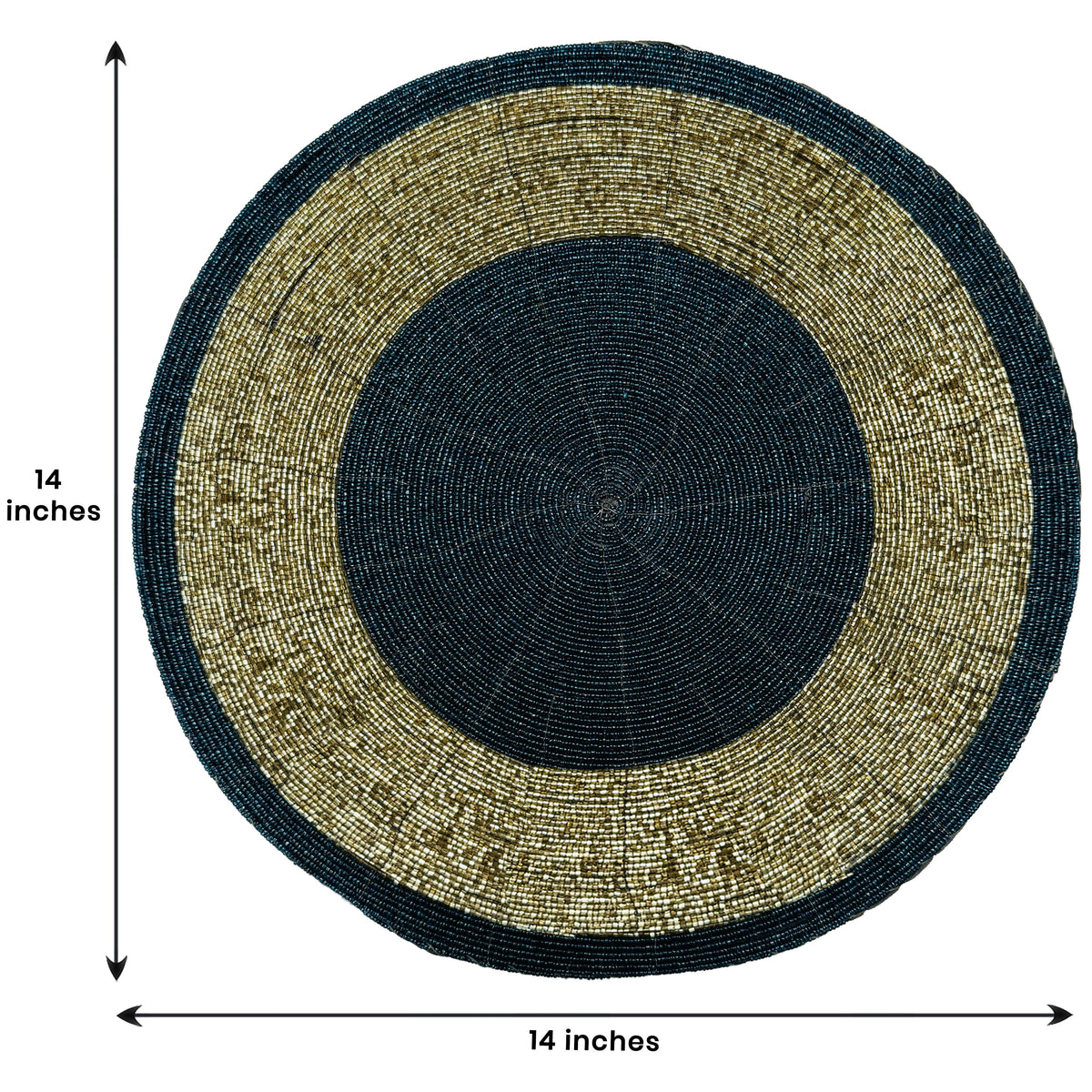 Set of four Midnight Dusk beaded placemats, round dark blue and gold, heat-resistant 14-inch table mats by BD 036 043.