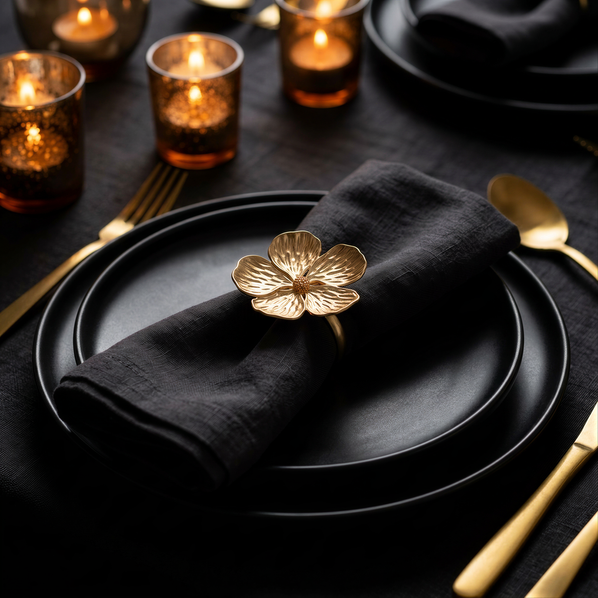 a black dinner plate with a gold flower-shaped napkin ring, accompanied by a gold fork and knife on a dark tablecloth.