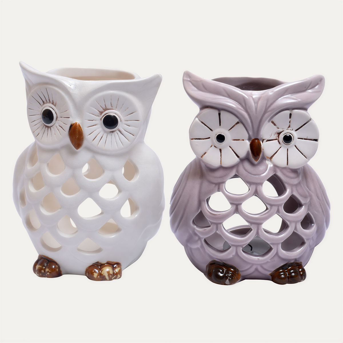 Set of two Hampton Lucky Owl candle holders with tea lights, featuring detailed owl designs in bronze finish.