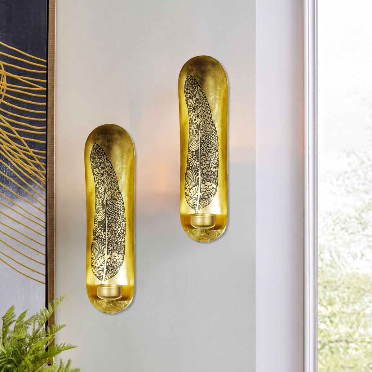 Set of 2 gold wall candle sconces with feather design, decorative candle holders for wall display, by 52042AG.