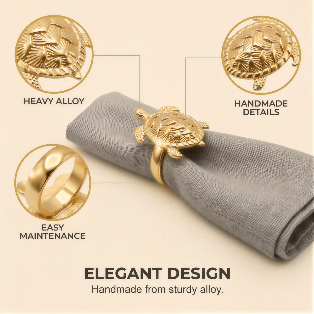 The image showcases an elegant design of a gold-colored turtle-shaped napkin ring, highlighting its heavy alloy material, handmade details, and easy maintenance.