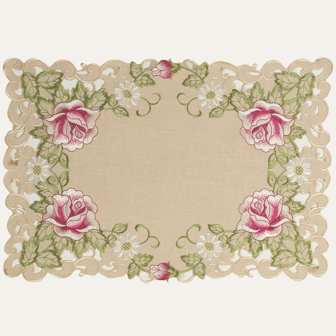 Set of four placemats with intricate European embroidery by COSP3127-PM for elegant dining table decoration.
