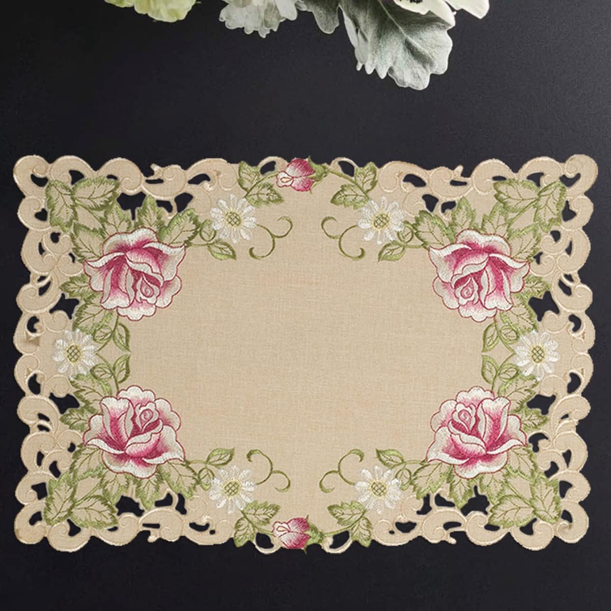 Set of four placemats with intricate European embroidery by COSP3127-PM, showcasing detailed craftsmanship and decorative design.