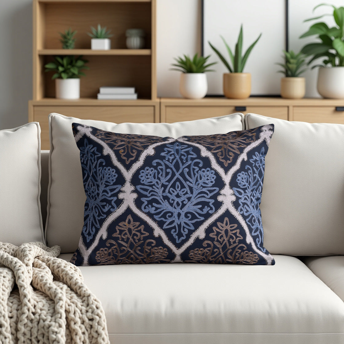 Set of 2 and 4 blue and brown throw pillow covers, 14x20 inches, CU6071-35, stylish decorative pillow covers for sofa or bed.