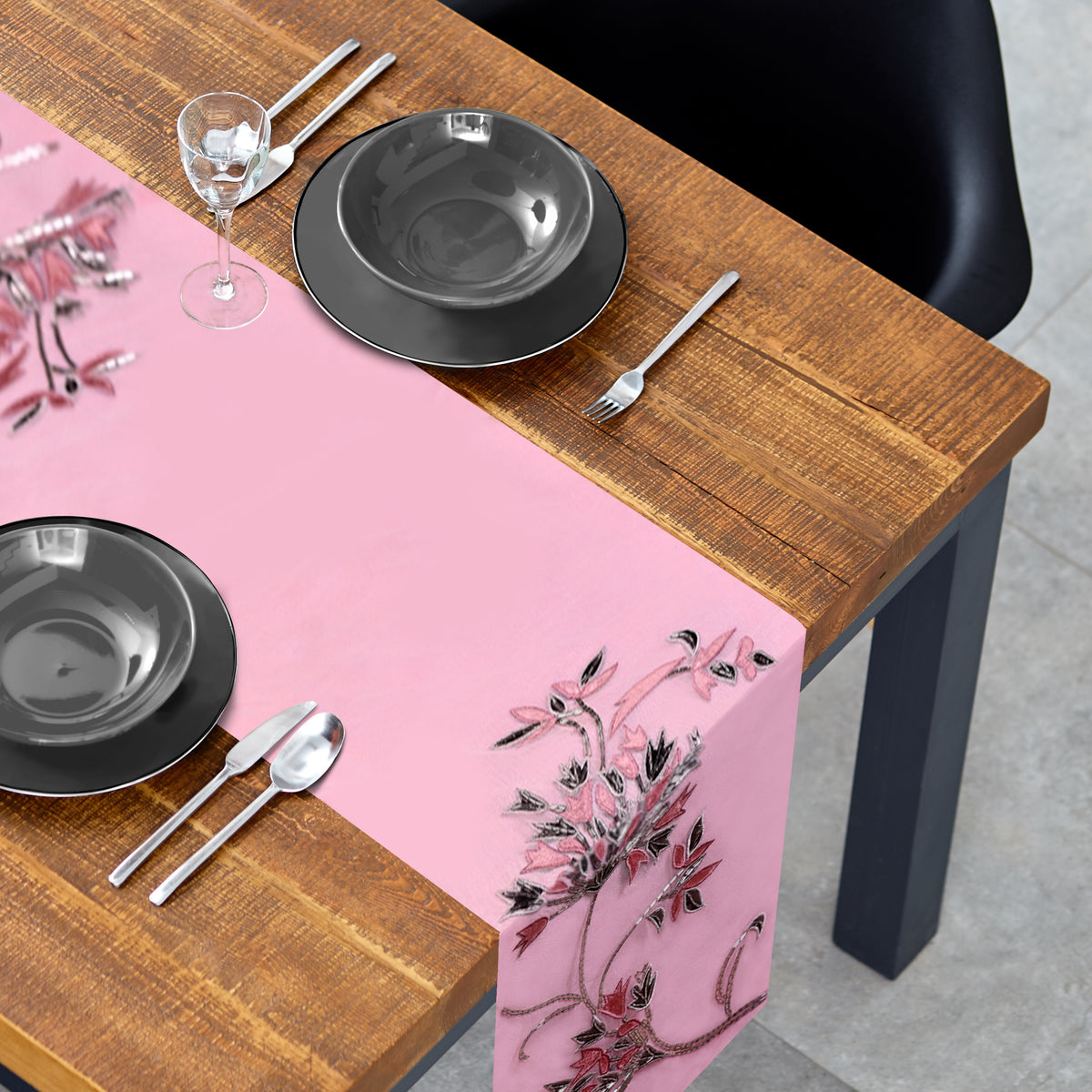 Embroidered decorative table runner with intricate floral designs, perfect for enhancing dining table decor.