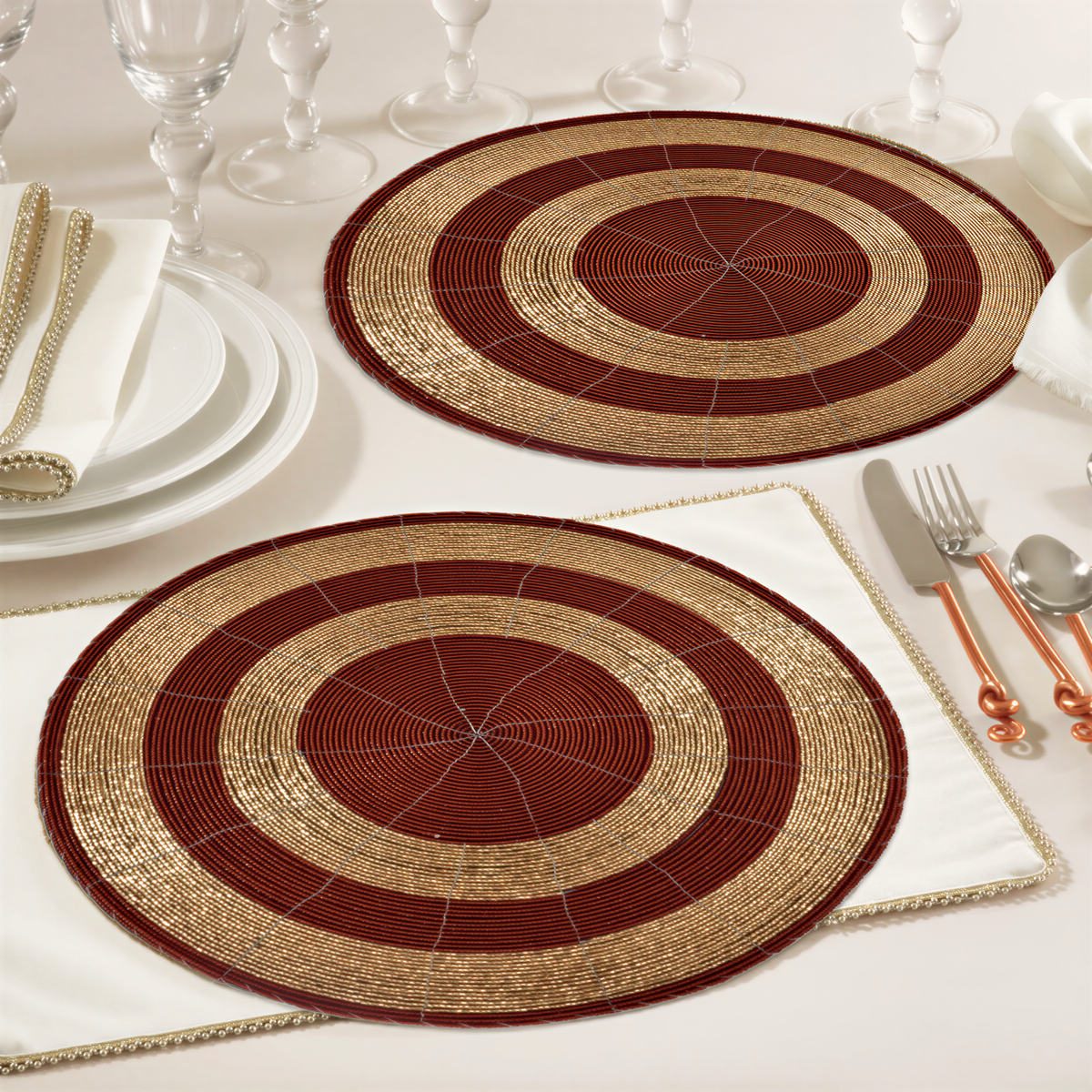 Set of four Decozen Aidden Bloom beaded placemats featuring intricate beaded designs for decorative dining table décor, 14 inches.