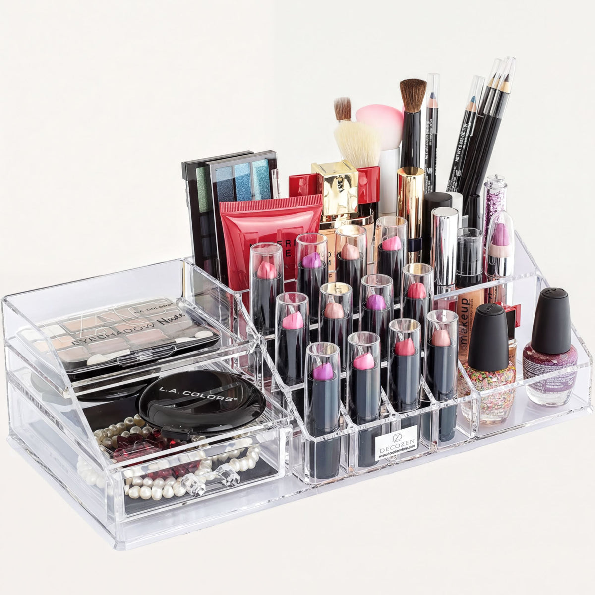 Clear F1215 makeup organiser with 19 slots and 1 drawer, perfect for storing cosmetics and beauty tools.