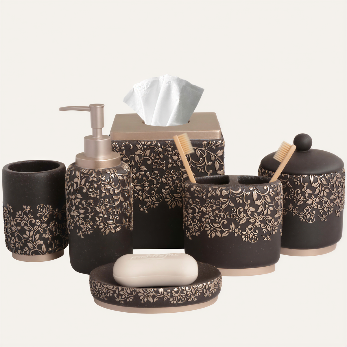 Set of six modern bathroom decor accessories from the Stella Collection by AH8312, featuring elegant and stylish design.