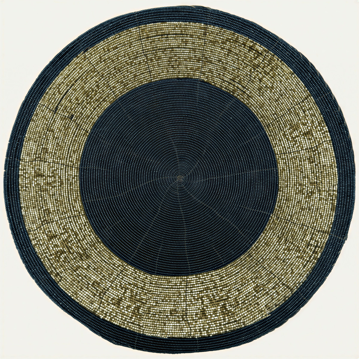 Set of 8 Midnight Dusk beaded placemats by BD 036 043, round dark blue and gold table mats, 14 inches, heat-resistant and durable.