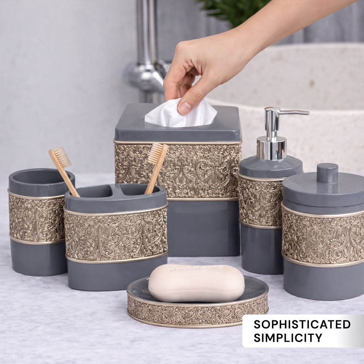 Set of six modern bathroom décor accessories from the Fionola Collection, featuring sleek, elegant design by AH8315.