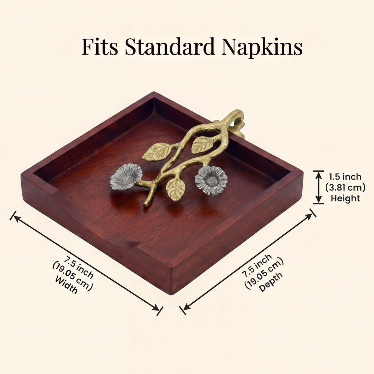 a wooden tray with a decorative metal piece, possibly a napkin holder or coaster, placed on top of it. The tray is described as "Fits Standard Napkins" and has dimensions provided, indicating that it is 1.5 inches (19.05 cm) wide and 7.5 inches (19.05 cm) deep.
