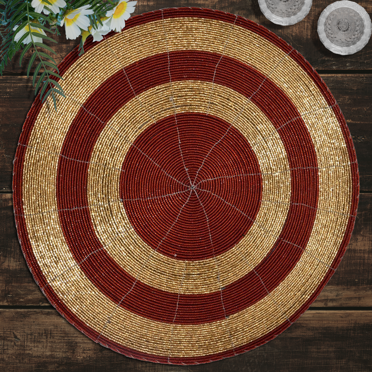 Set of four Decozen Aidden Bloom beaded placemats, 14-inch decorative table decor with intricate beaded design from The Aidden Collection.