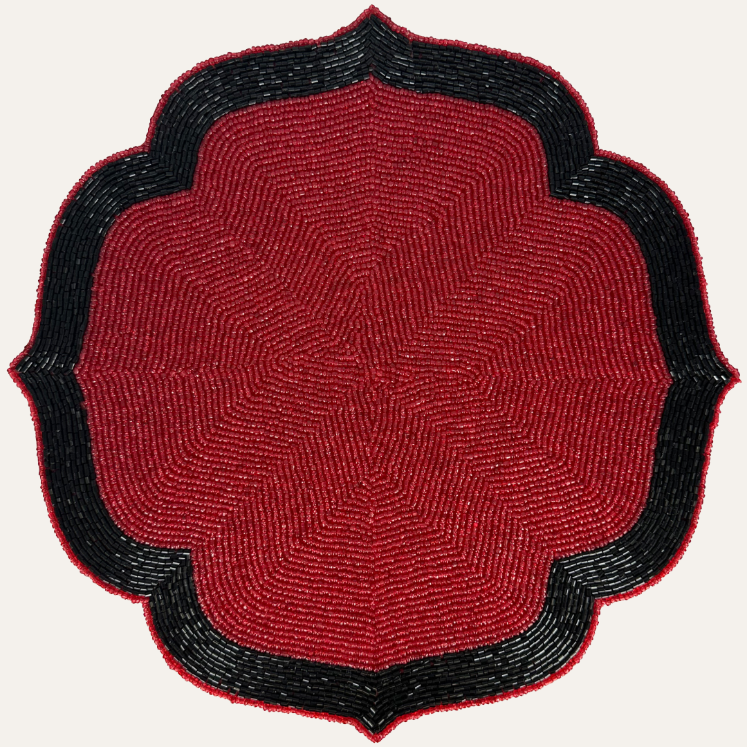 Set of four Scarlet Shadow beaded placemats in deep red and black, 14-inch embroidered table accessories for decorative dining.