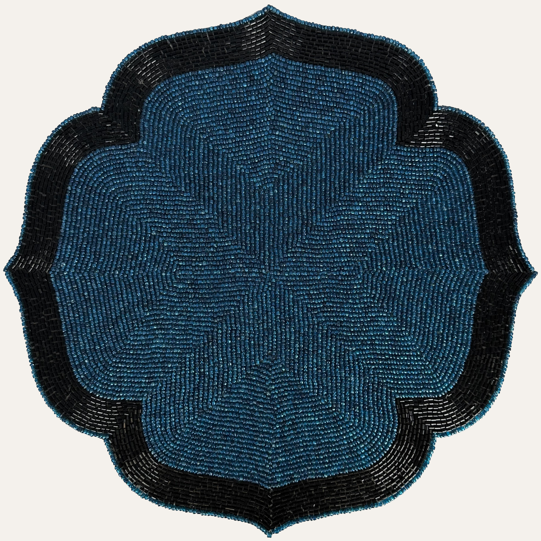 Set of four teal and black embroidered beaded placemats, heat-resistant, 14-inch dining table décor by PM1048.