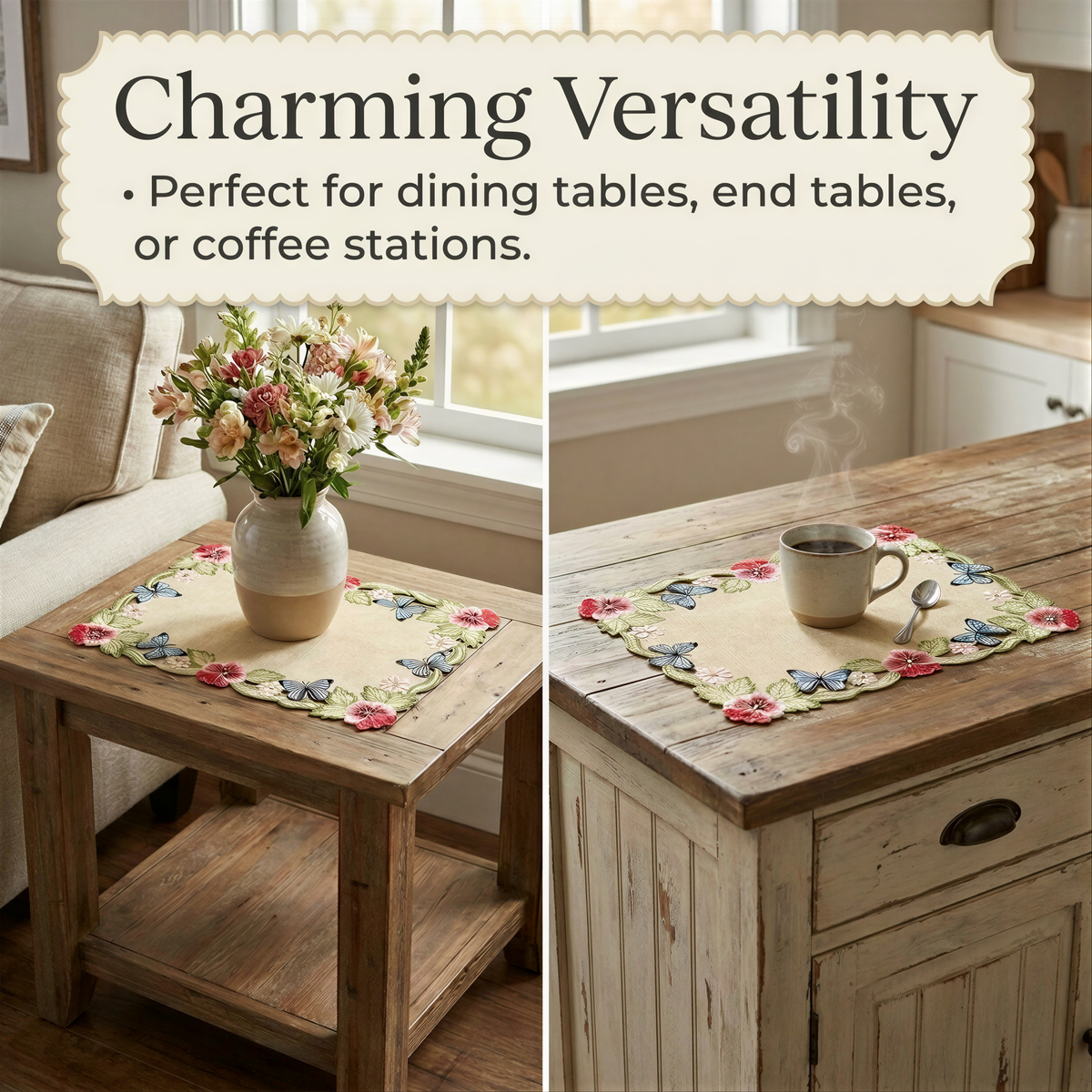 The image showcases a charming versatility of a table, featuring a vase of flowers on a wooden table, a coffee cup on a wooden table, and a coffee station on a wooden table. The table has a floral table runner, adding a touch of elegance to the setting.