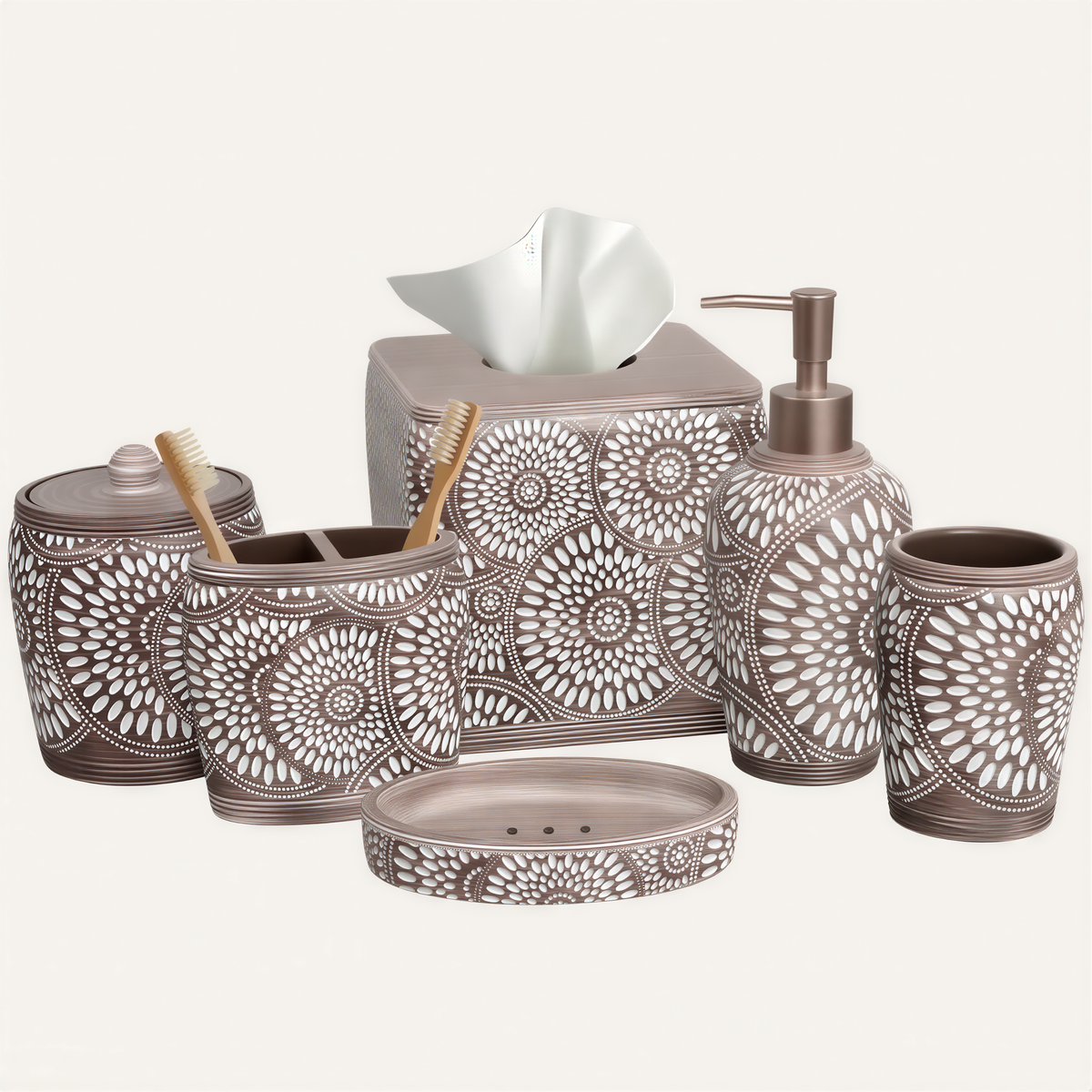 HG175 The Ciccone Collection modern bathroom décor accessories set of 6, elegant bath set with stylish, coordinated accessories.