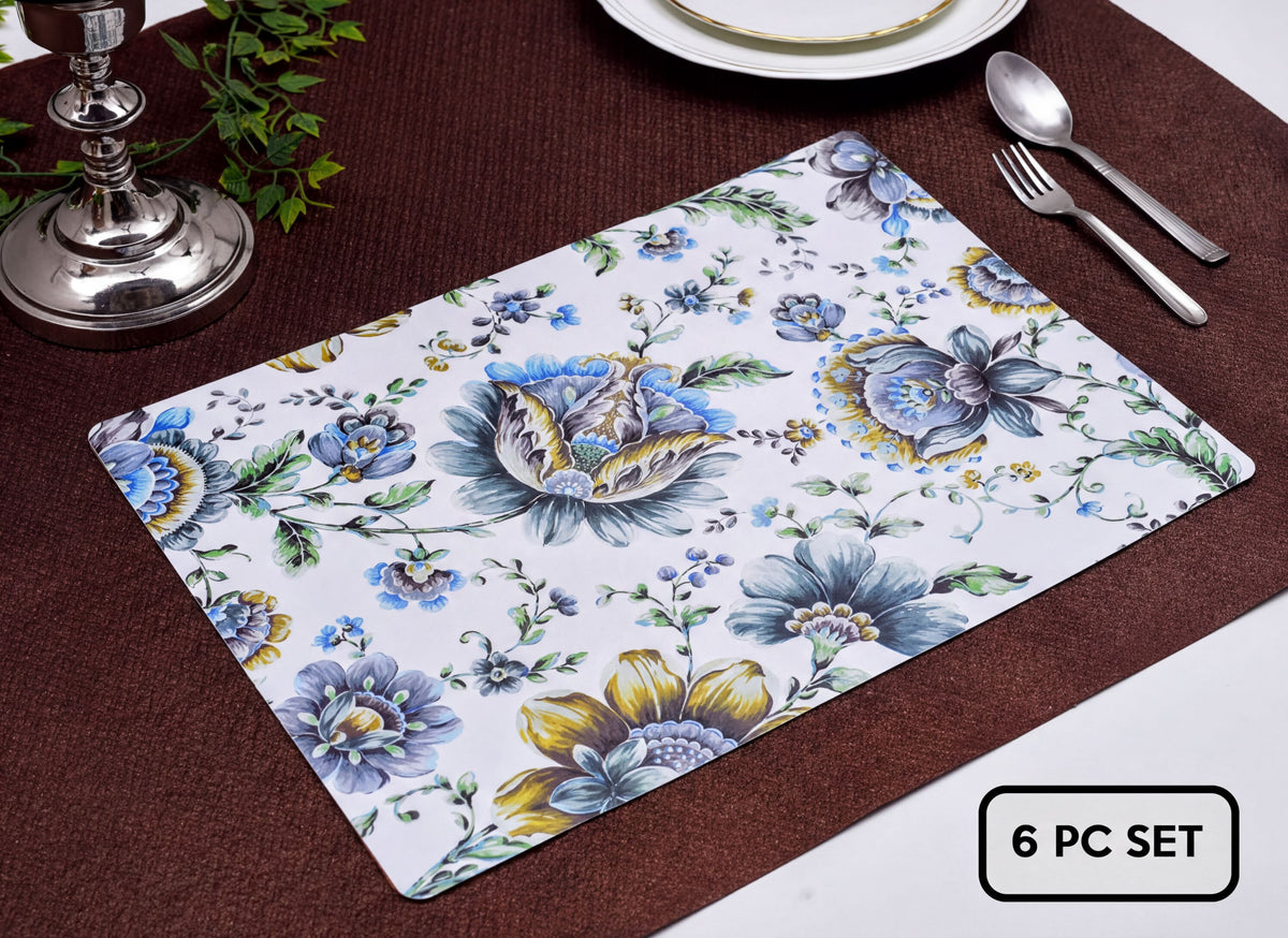 Set of four floral design cork-backed placemats by ATKP-9CK, featuring colorful floral patterns on durable cork surface.