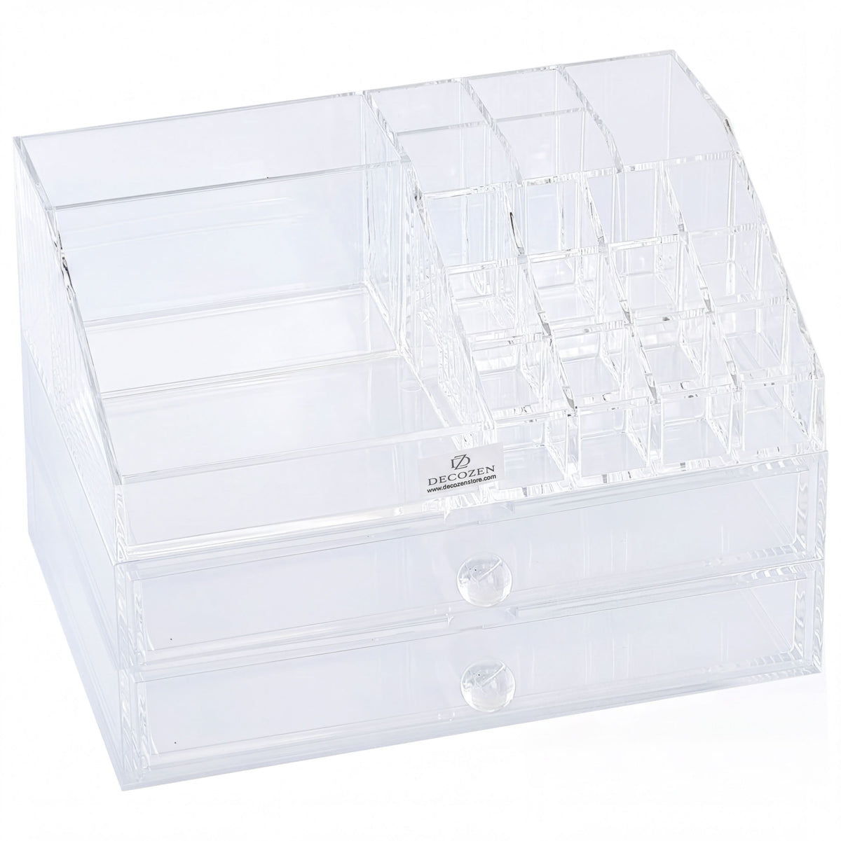 Clear F2503 makeup organizer with 19 slots and 2 drawers, perfect for storing cosmetics and beauty tools.