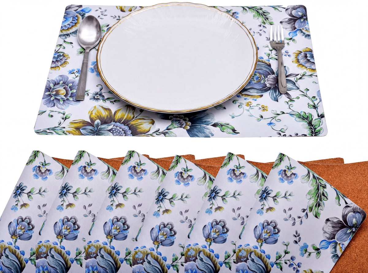 Set of four floral design cork-backed placemats, durable cork surface with colorful floral pattern for dining table decor.
