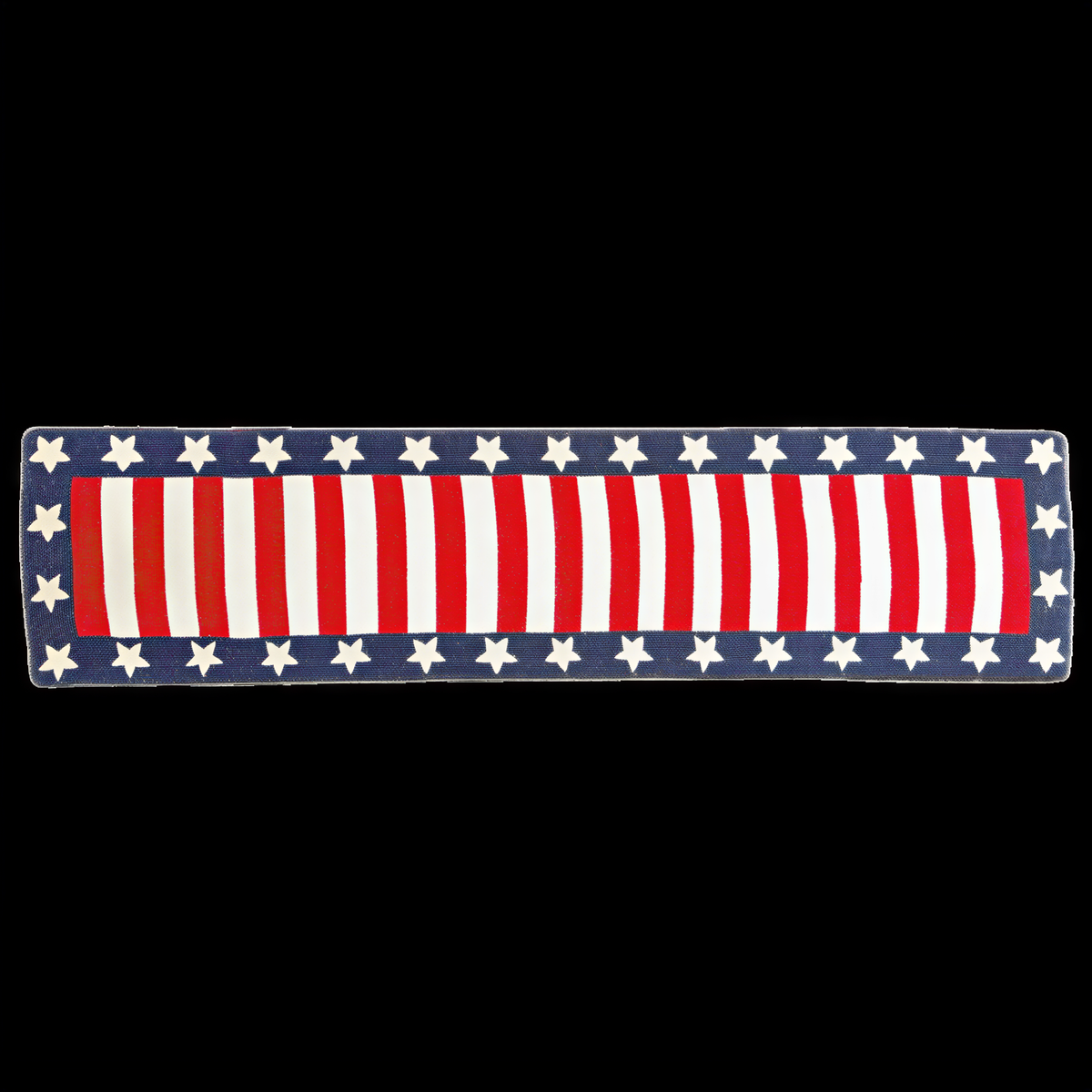 Beaded USA flag table runner, 13x54 inches, decorative table centerpiece with patriotic red, white, and blue design.