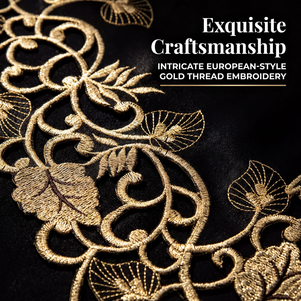 The image is a close-up of an intricate gold embroidered design on a dark background, featuring a floral pattern with leaves and flowers.