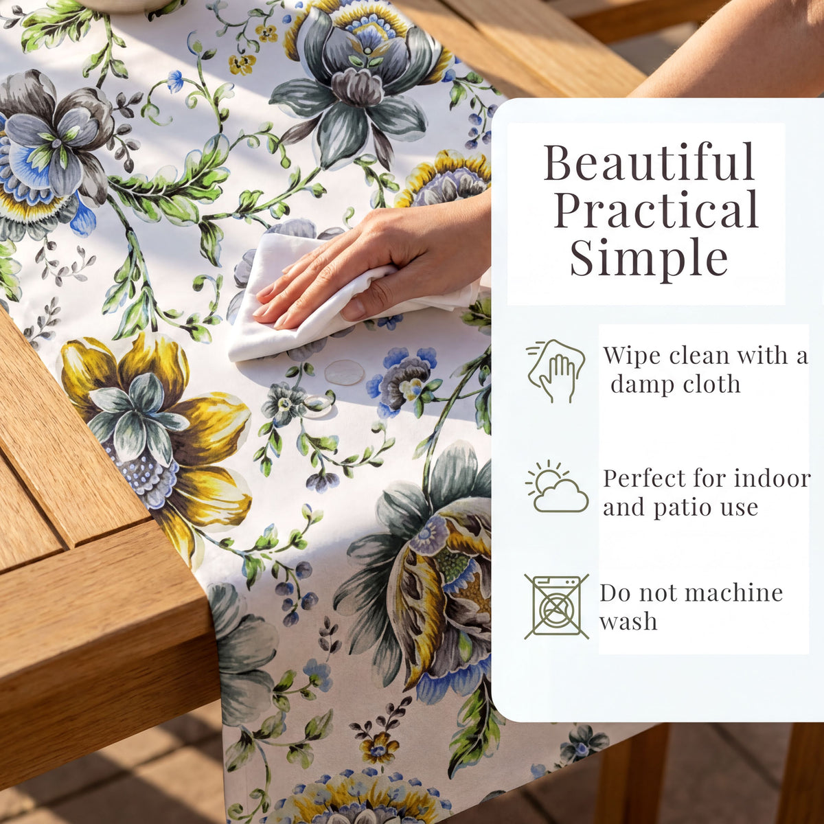 a person's hand cleaning a table with a white cloth, which is placed on a wooden table. The table has a floral print, and there are some text descriptions provided next to the table.