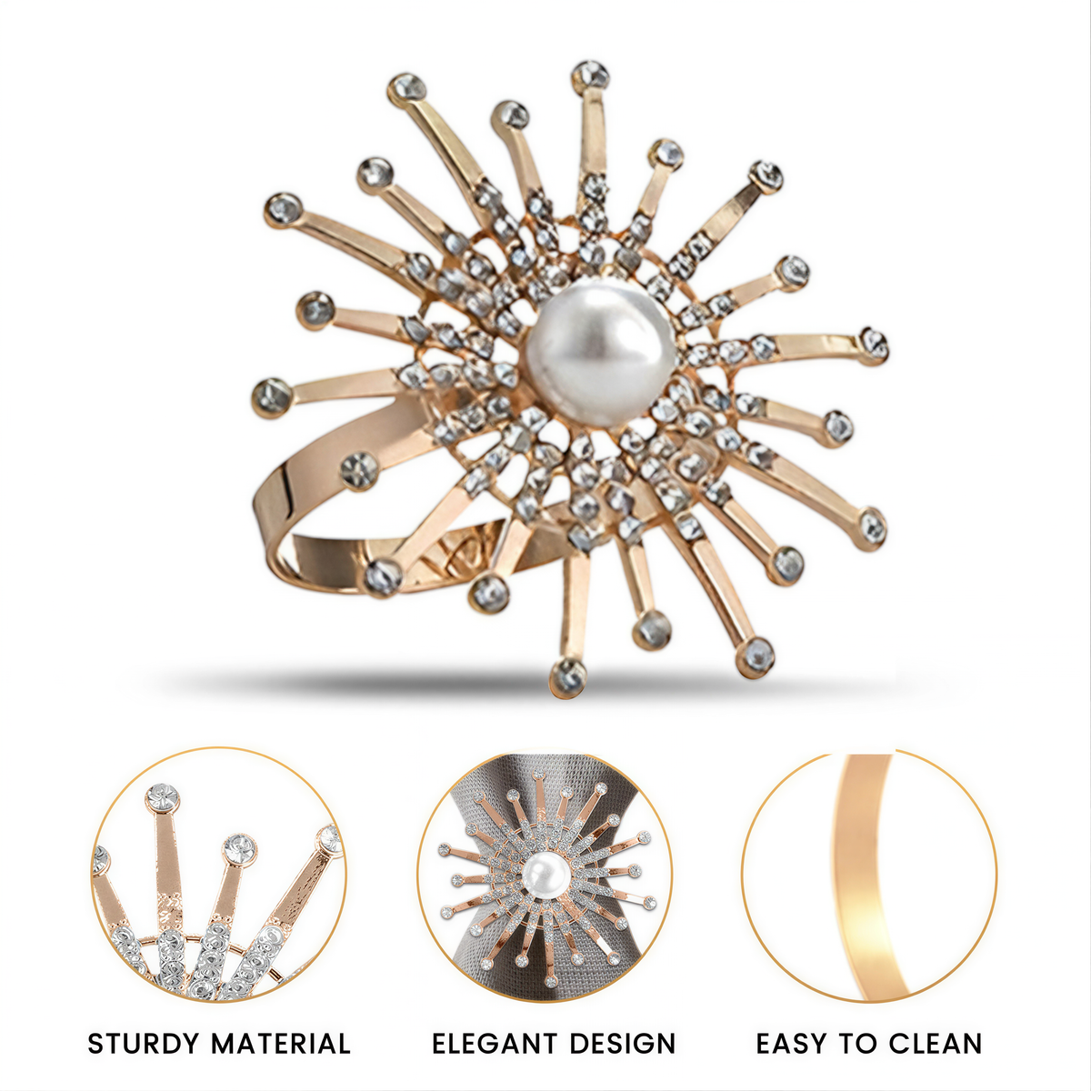 Set of four ZWZ Golden Blossom napkin rings in gold floral pearl design, elegant decorative dining table accessories.