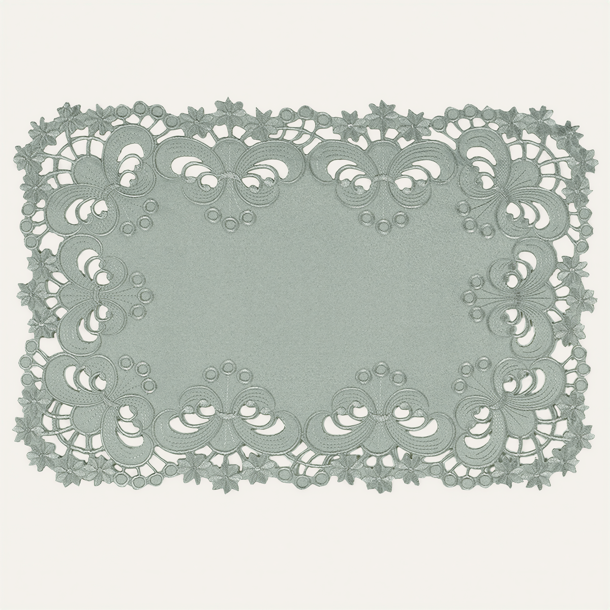 Set of six linen placemats with European embroidery from The Creola Collection, stylish and decorative for dining tables.