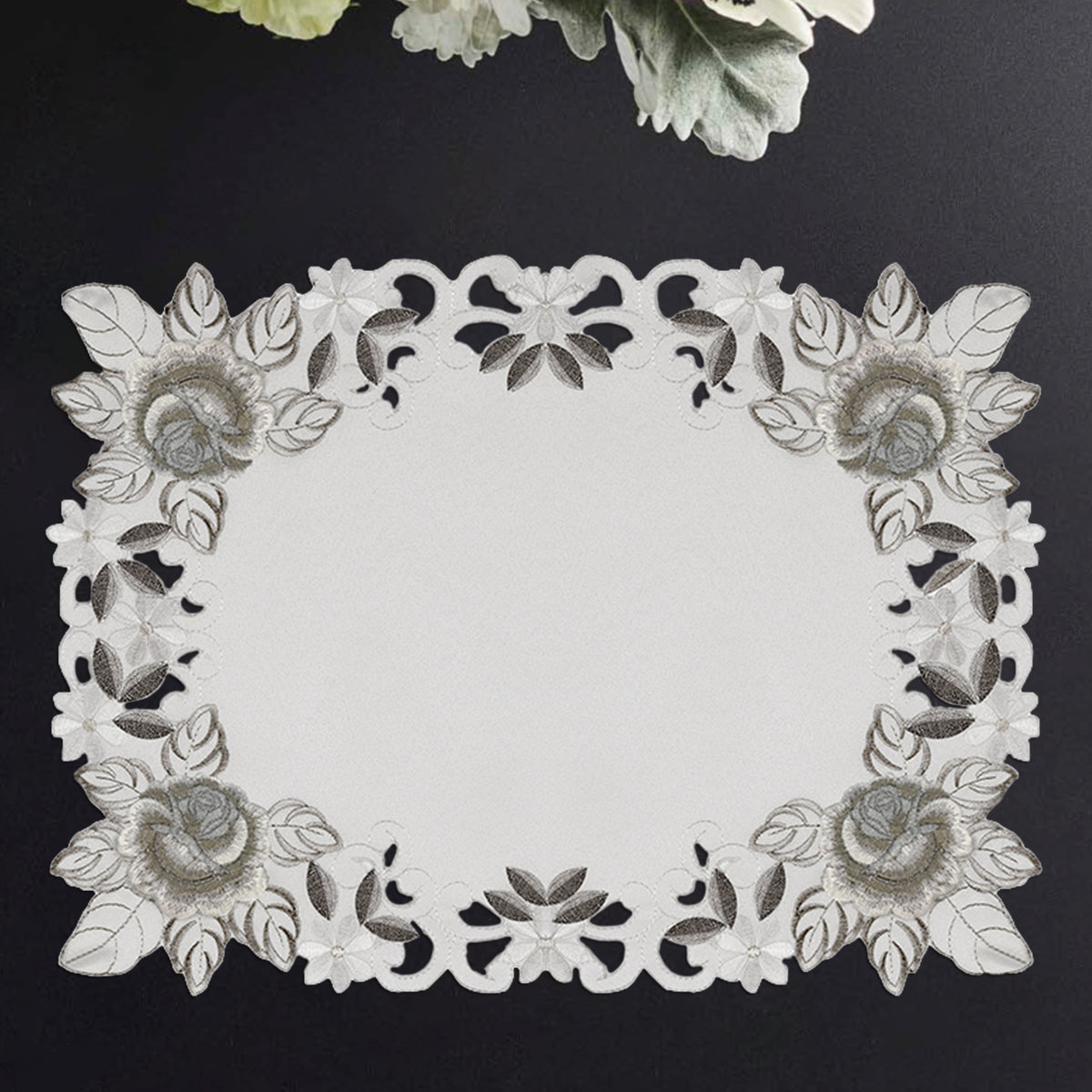Set of six FD4151-PM linen placemats with elegant European embroidery from The Alois Collection.
