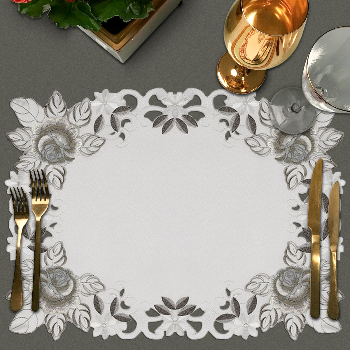 Set of six linen placemats with elegant European embroidery from the Alois Collection, ideal for sophisticated dining.