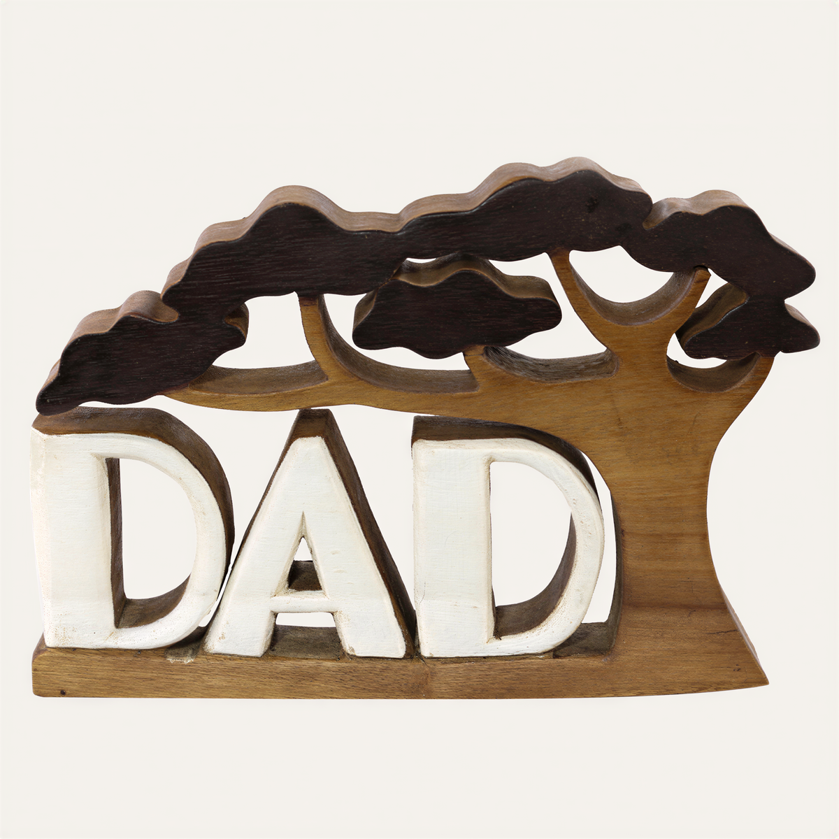 Hand-carved wooden sculpture of a proud dad, artistic wooden décor by LAY029, ideal for Father’s Day home decoration.