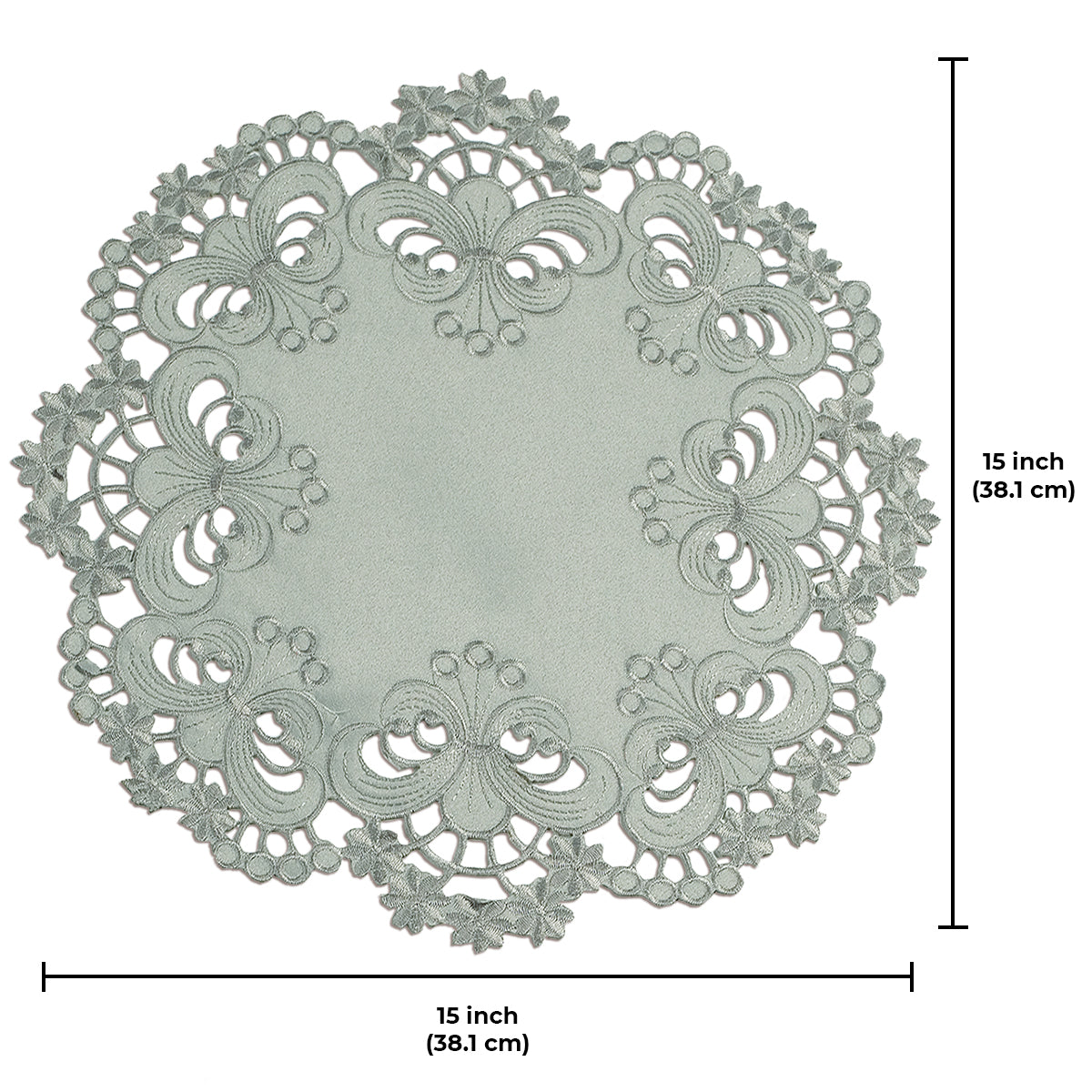 Set of four gray round linen doilies from The Creola Collection, decorative placemat doilies for dining and table décor.