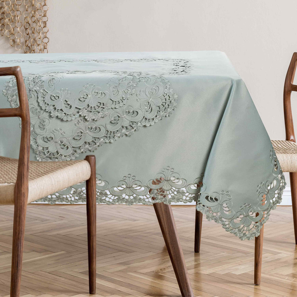 Elegant table toppers with intricate European embroidery from the Creola Collection, designed by FL3412-TC for stylish table covers.