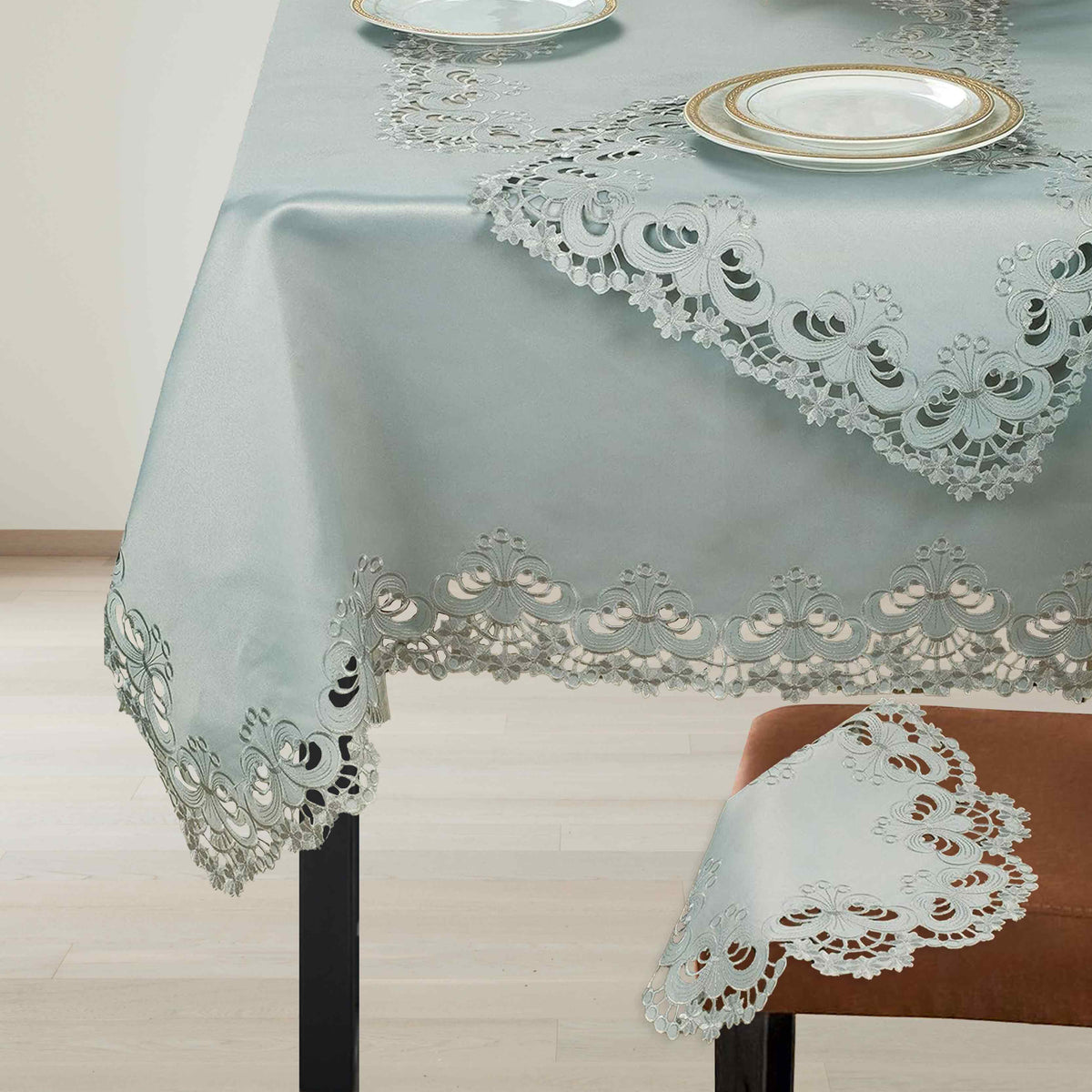 Elegant table cover from The Creola Collection with intricate European embroidery, designed as a stylish table topper by FL3412-TC.