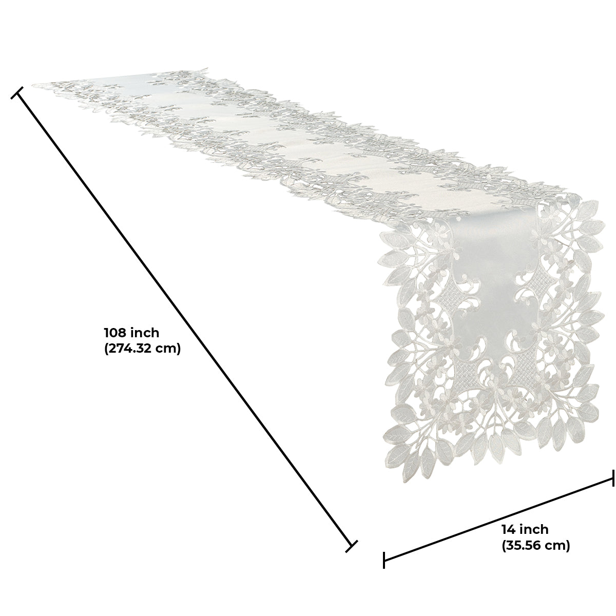 Linen table runner with intricate European embroidery from The Deandra Collection, showcasing detailed floral patterns and elegant craftsmanship.