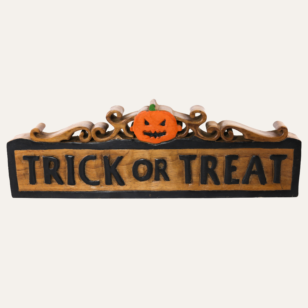 Handmade Trick or Treat wooden sculpture for Halloween decor, featuring a spooky carved wooden design by Decozen Luxe.