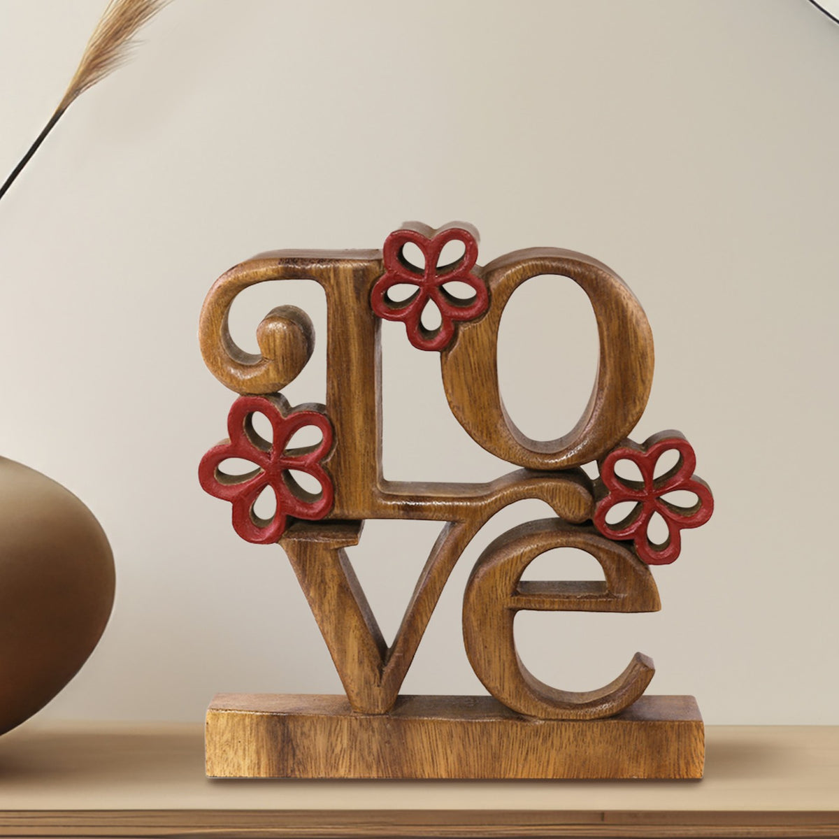 Crimson Heart – Hand Carved Wooden Sculpture, Handmade Decorative Home Art - Decozen