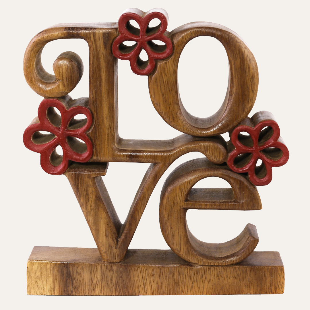 Crimson Heart – Hand Carved Wooden Sculpture, Handmade Decorative Home Art - Decozen