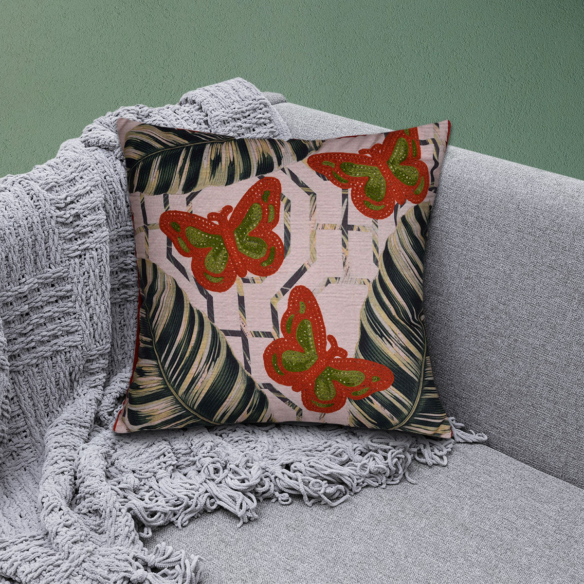 Butterfly printed design throw pillow cover from LD2018056, featuring vibrant butterfly patterns on a soft cushion cover.