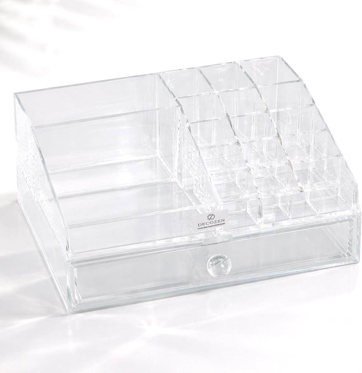 Clear Makeup Organizer - Acrylic Cosmetic Storage Box with 19 Slots & Drawer