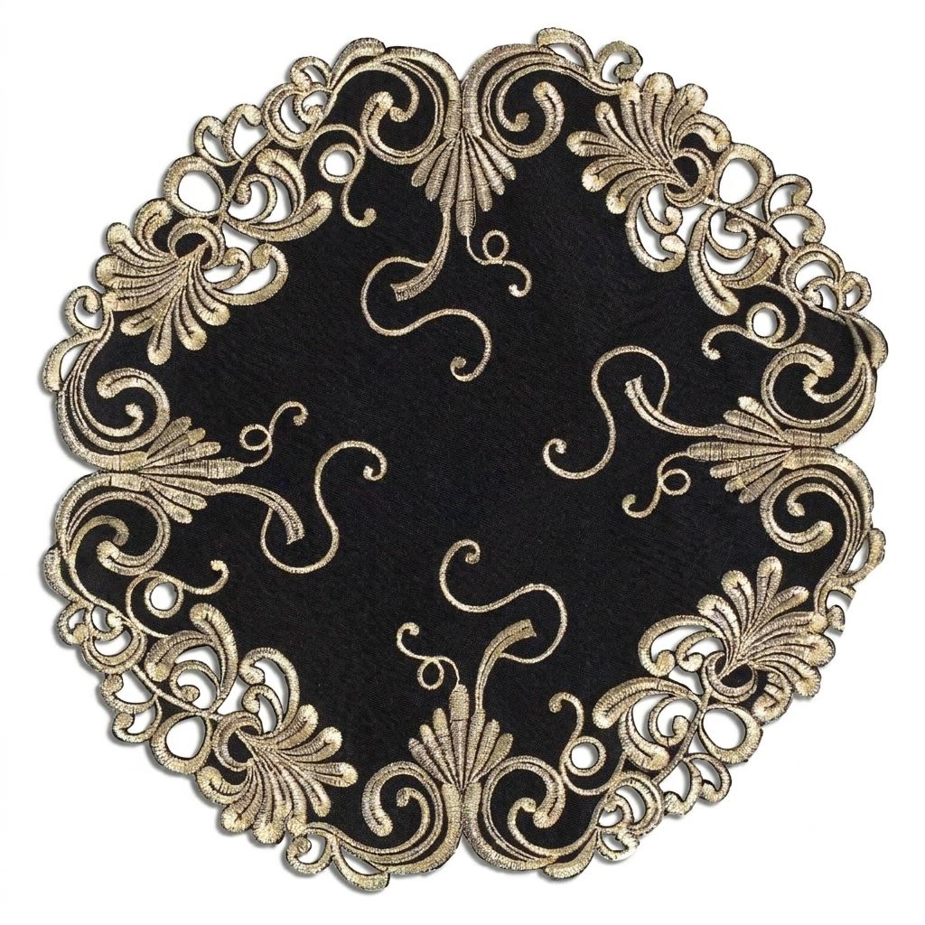 Golden Night Black Gold table doilies from RIZ-008-DL Chantelle Collection, decorative 15-inch doilies for home accents.