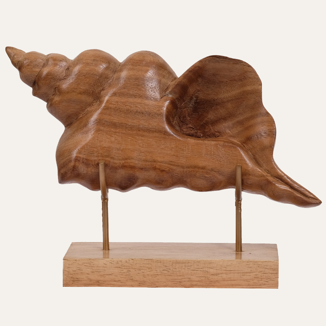 Handmade wooden shell sculpture by Decozen Luxe, coastal-themed wooden décor piece for home decor or gift.