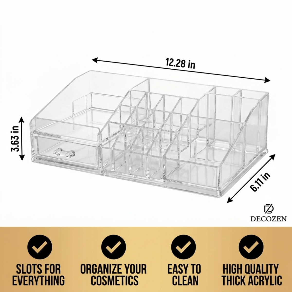 Clear Makeup Organizer - Acrylic Cosmetic Storage Box with 19 Slots & Drawer