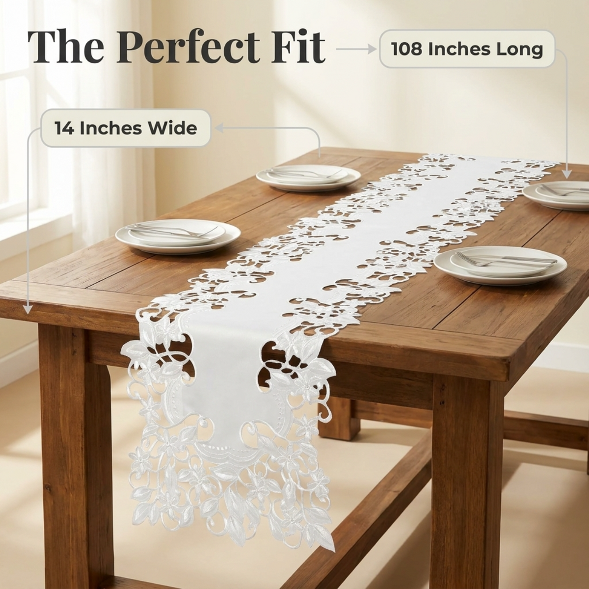 White Table Runner – Darvin Collection, 14x108 Inch