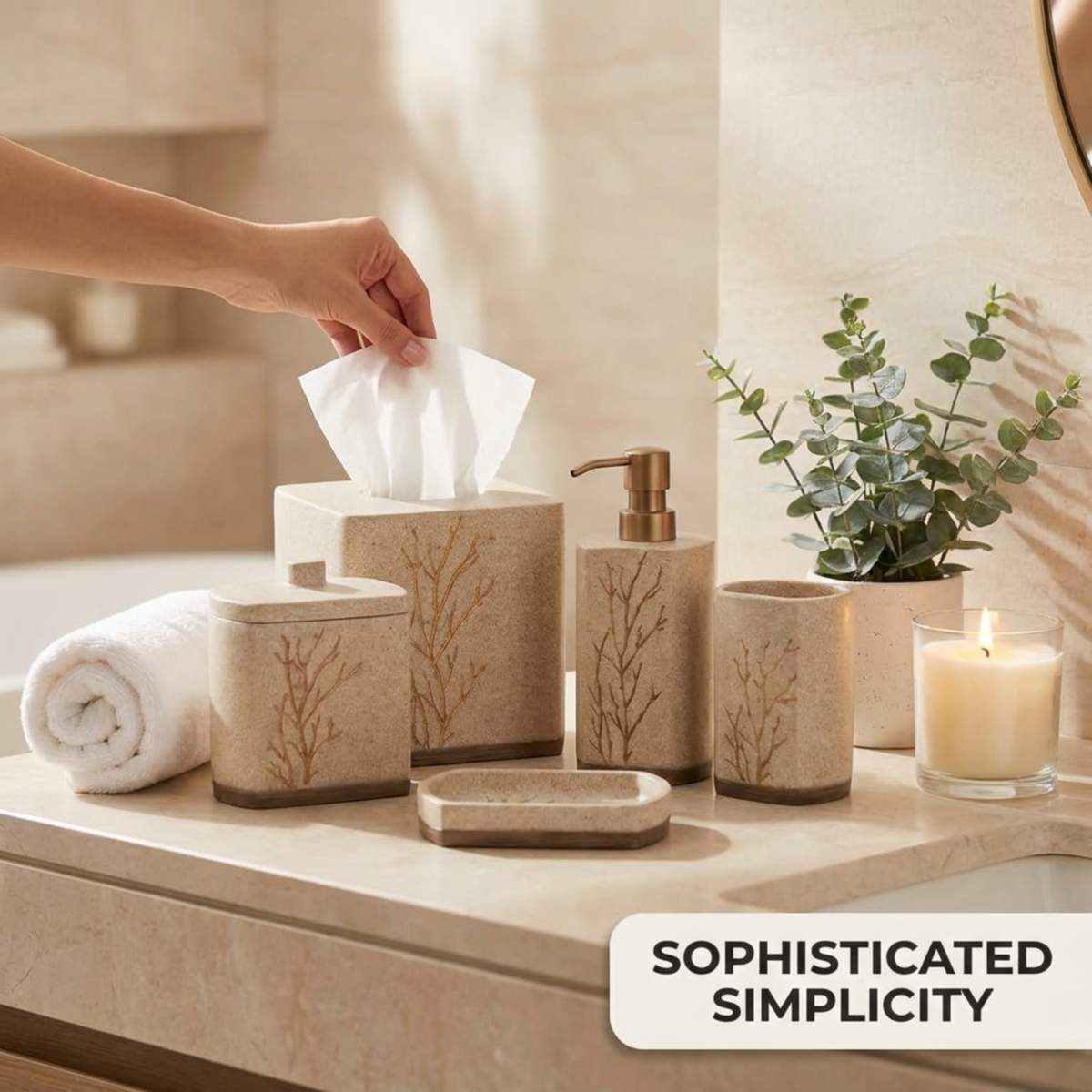 Set of six modern bathroom décor accessories from The Kent Essence Collection by AH11336, including soap dish, tumbler, and storage containers.
