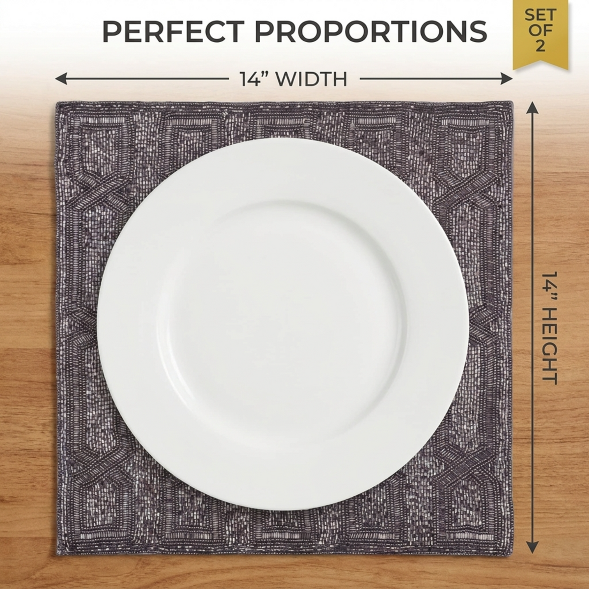 Creola Grace embroidered beaded placemats from the Creola Collection, 15-inch decorative charger plates for elegant dining settings.